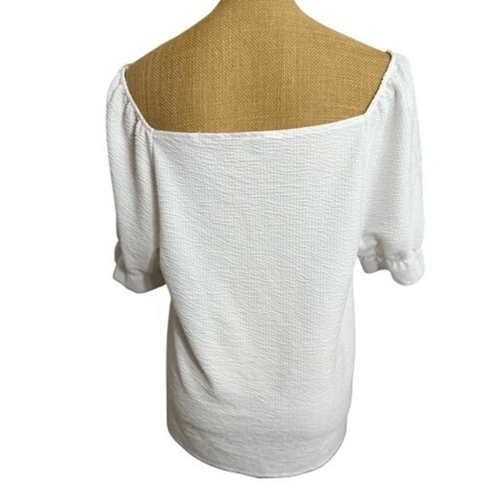 Cato Womens L White Textured Blouse Square Neck Flutter Short Sleeve Boho Top